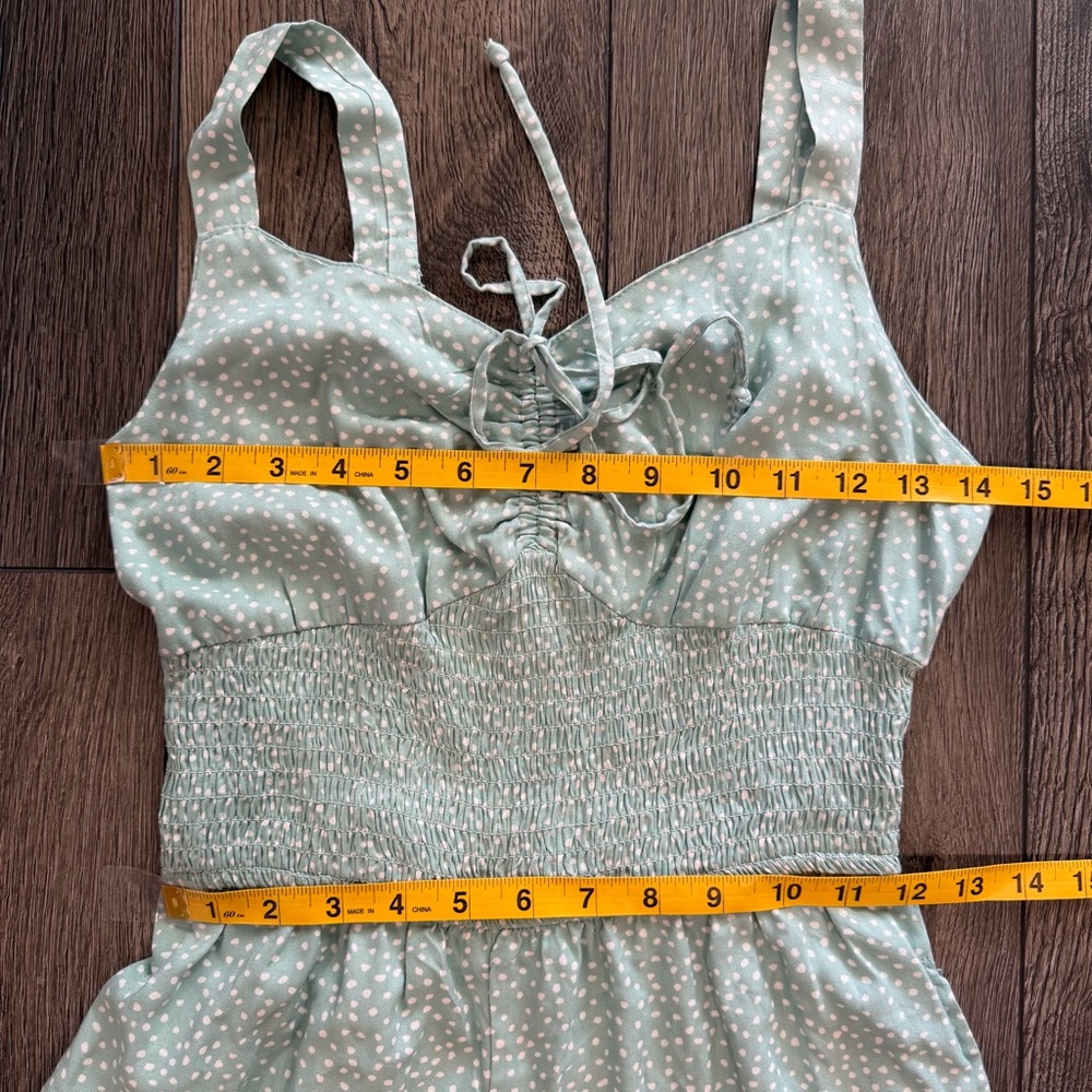 Jessica Simpson Seafoam Polka Dot Smocked Wide Leg Jumpsuit w/Pockets Size S - Picture 13 of 16